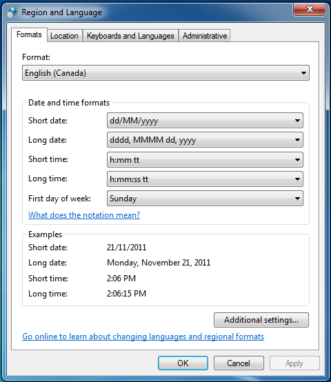 Region and Language settings in Windows 7