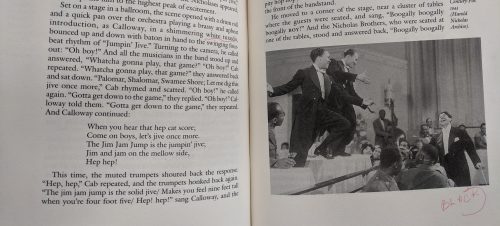 From pages 180-181 in "Brotherhood in Rhythm", a library reader underlined a description of Cab Calloway's "shimmering white tuxedo" during Jumpin' Jive, then drew an arrow and the word "black" next to a photo of the scene which shows Calloway in a black tuxedo.